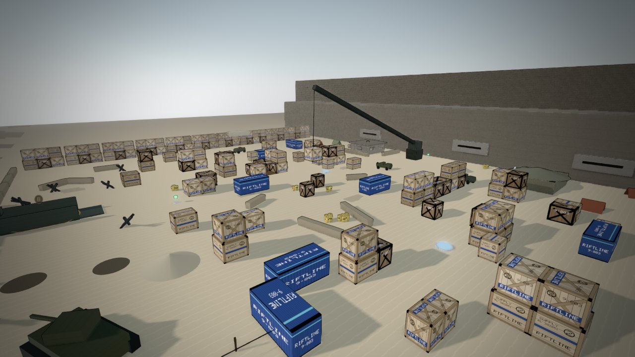 Beachhead: crate yards and blue containers on the sand under a crane, a knocked-out tank and hedgehogs on the shore, bunkers in the cliff