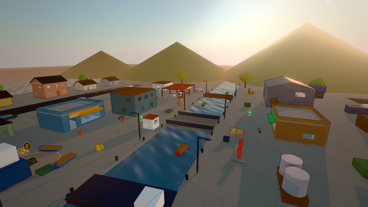 Driftwood: a canal through a harbor at sunset, crossed by a road bridge and a footbridge, with sheds and fuel tanks on the quays