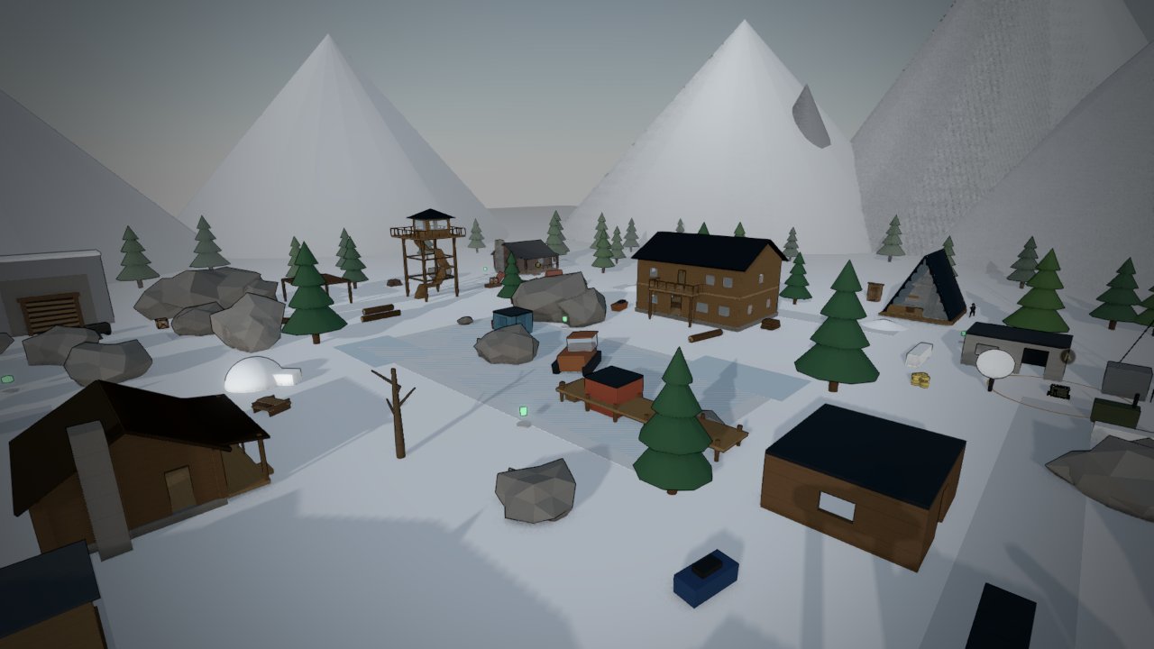 Frostbite: a frozen lake with fishing shacks, a lodge, a fire tower, an igloo and boulders below snowy peaks