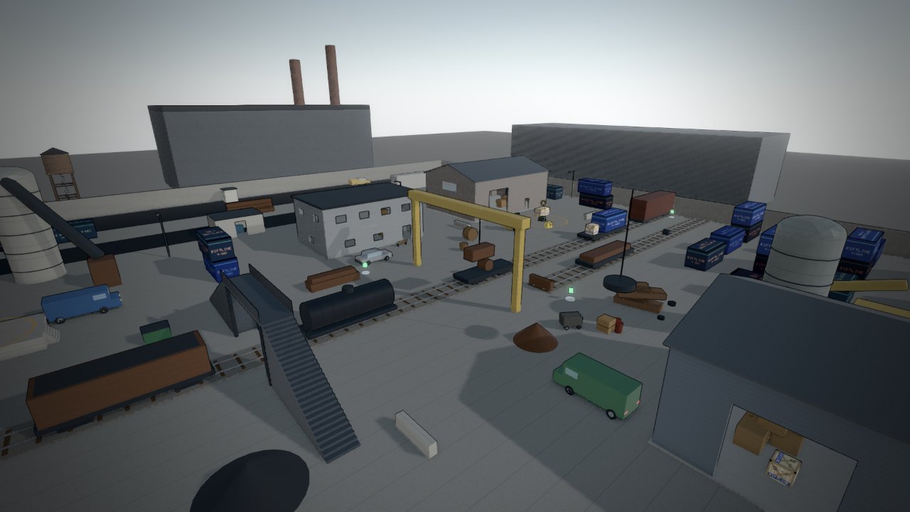 Ironworks: a freight train under a yellow gantry crane, a footbridge, offices, silos and container stacks in a steelworks yard