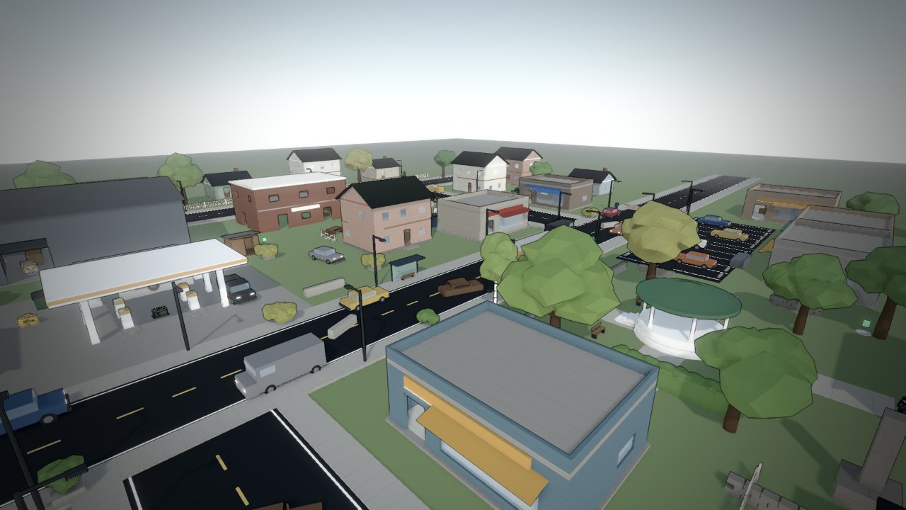 Mainstreet: a gas station, houses, a brick town hall and a park bandstand along a small-town main street