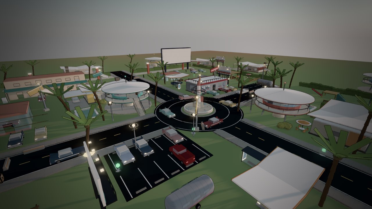 Sunset Heights: saucer houses, palms, a diner and a drive-in screen around a rocket roundabout